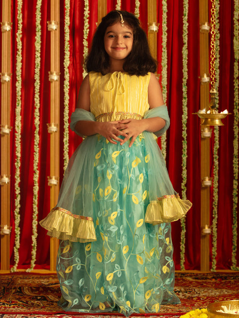 Girl's' Yellow Crop Top And Aqua Lehenga With Ruffled Dupatta Set